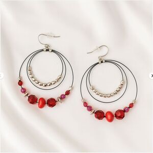 Black Wire Red Silver Beaded Triple Hoop Dangle Hook Fashion Earrings Boho USED
